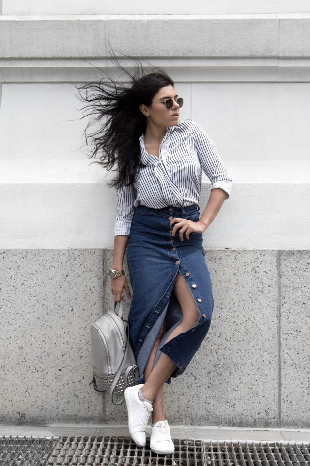 Long jeans skirt with striped shirt