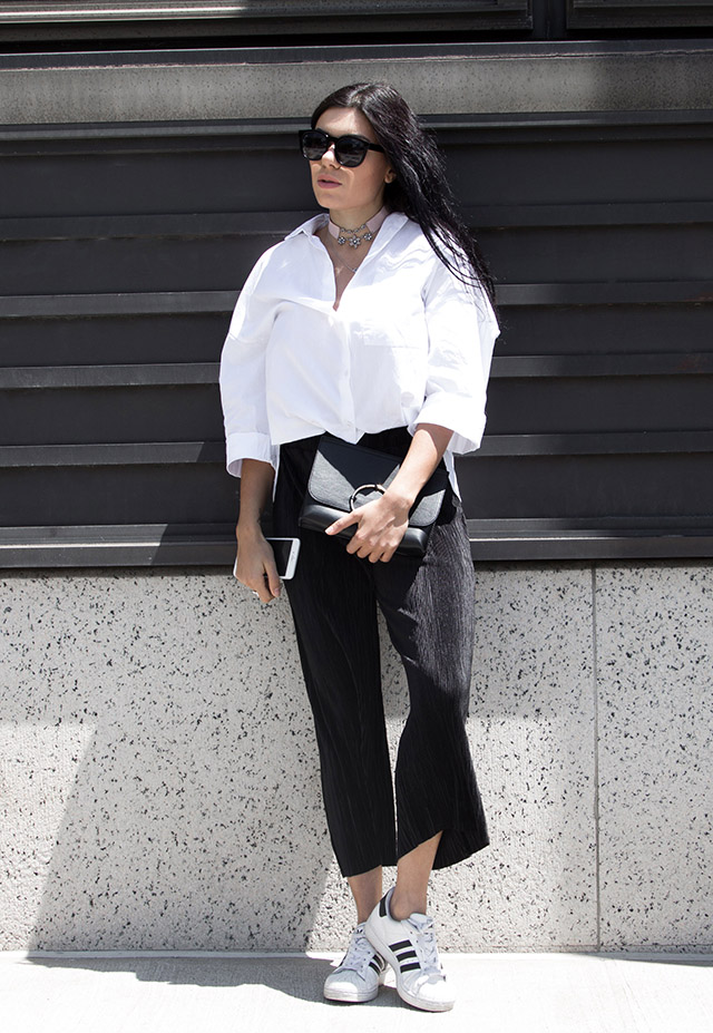 White shirt and black culottes
