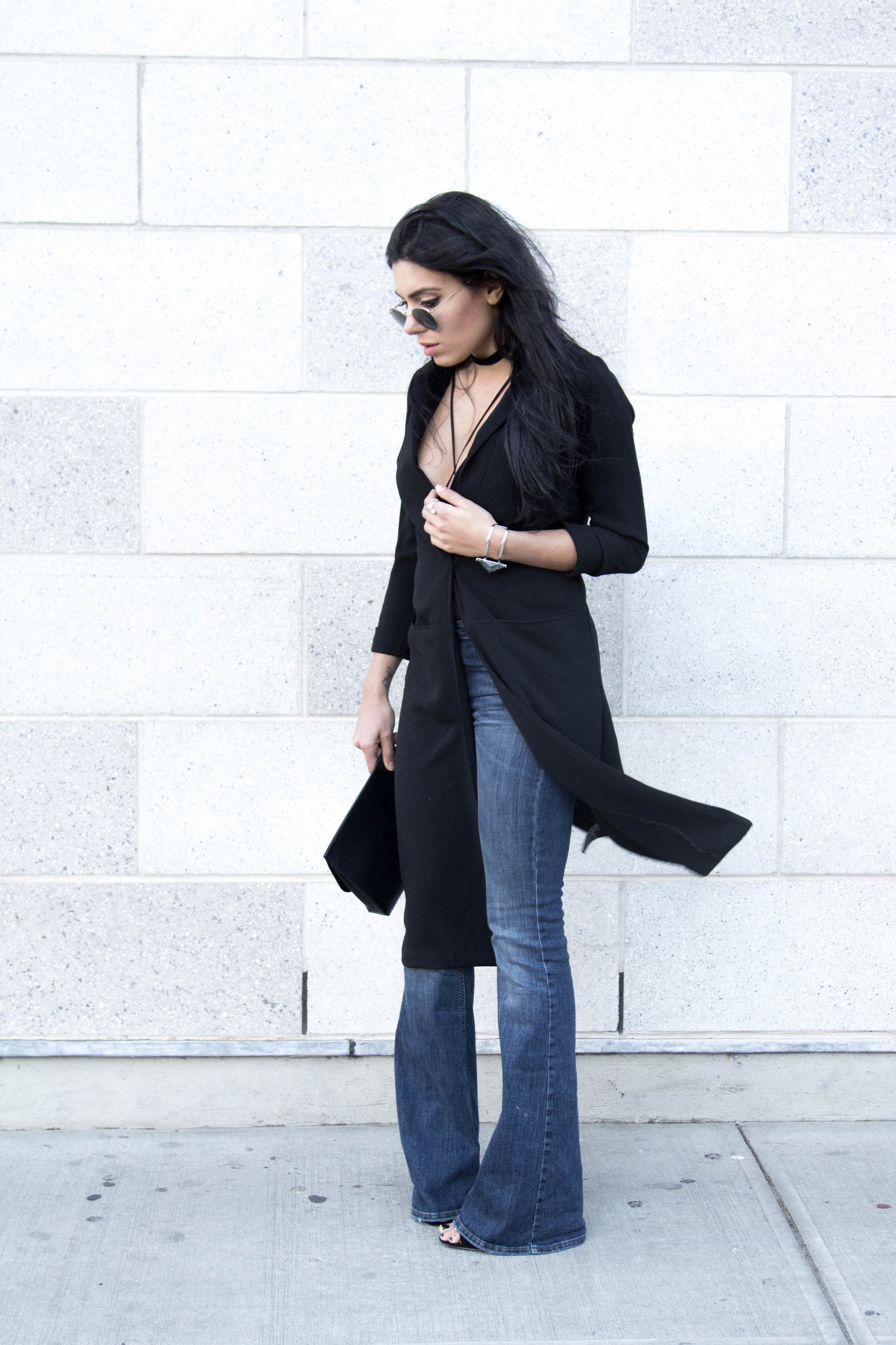 Black light coat with flared jeans