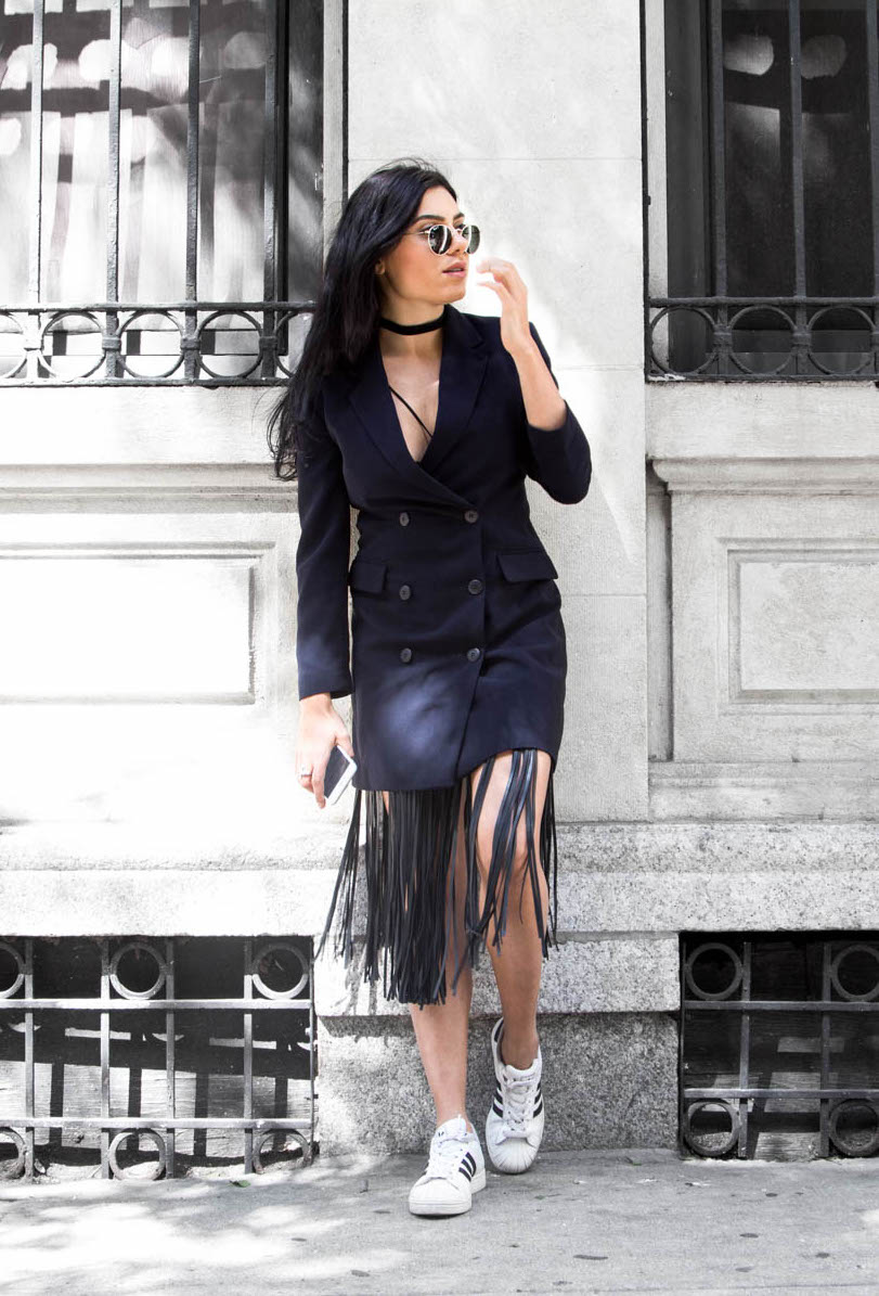 Long blazer and fringe outfit