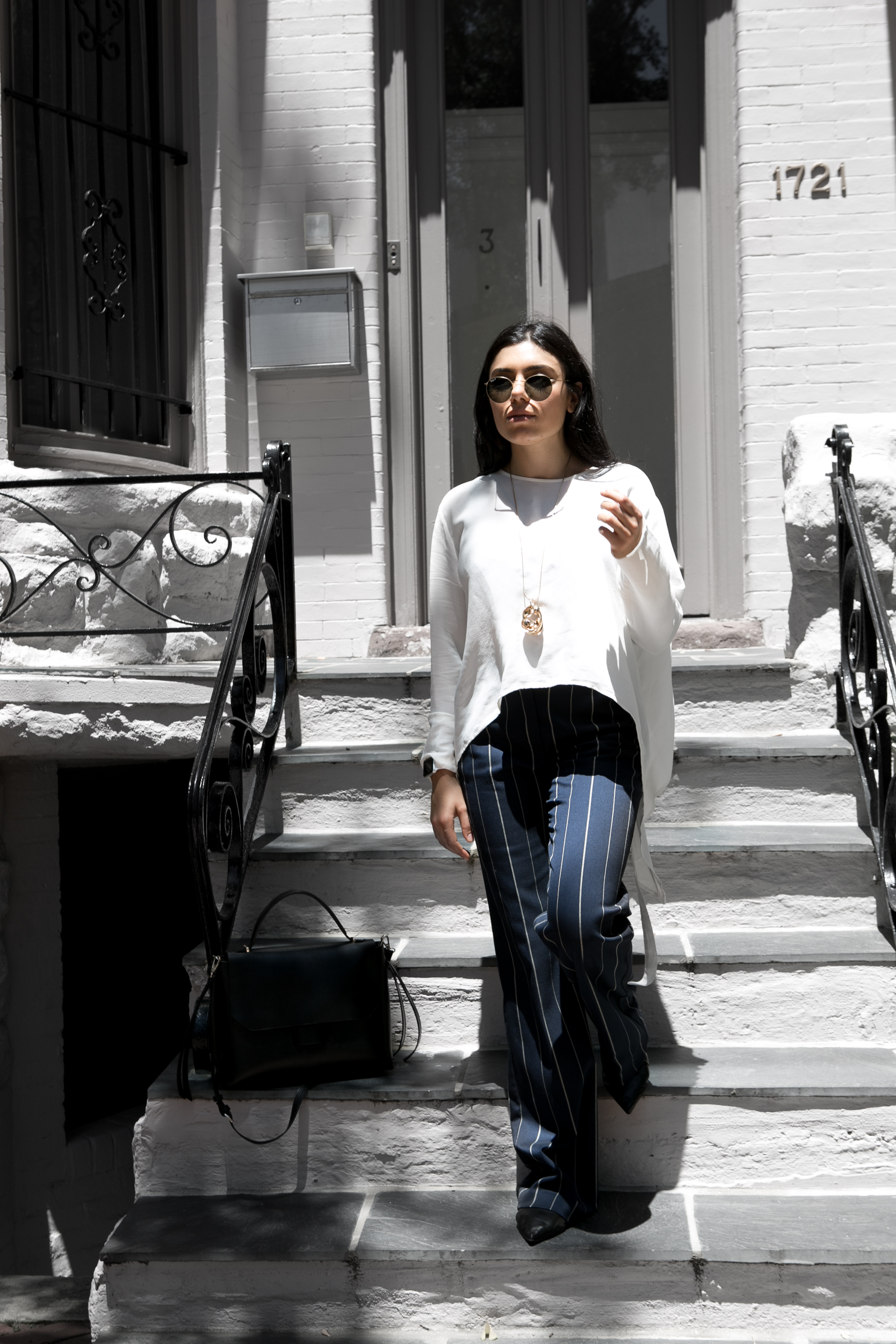 Wide Leg Stripes and white flowing blouse - outfit