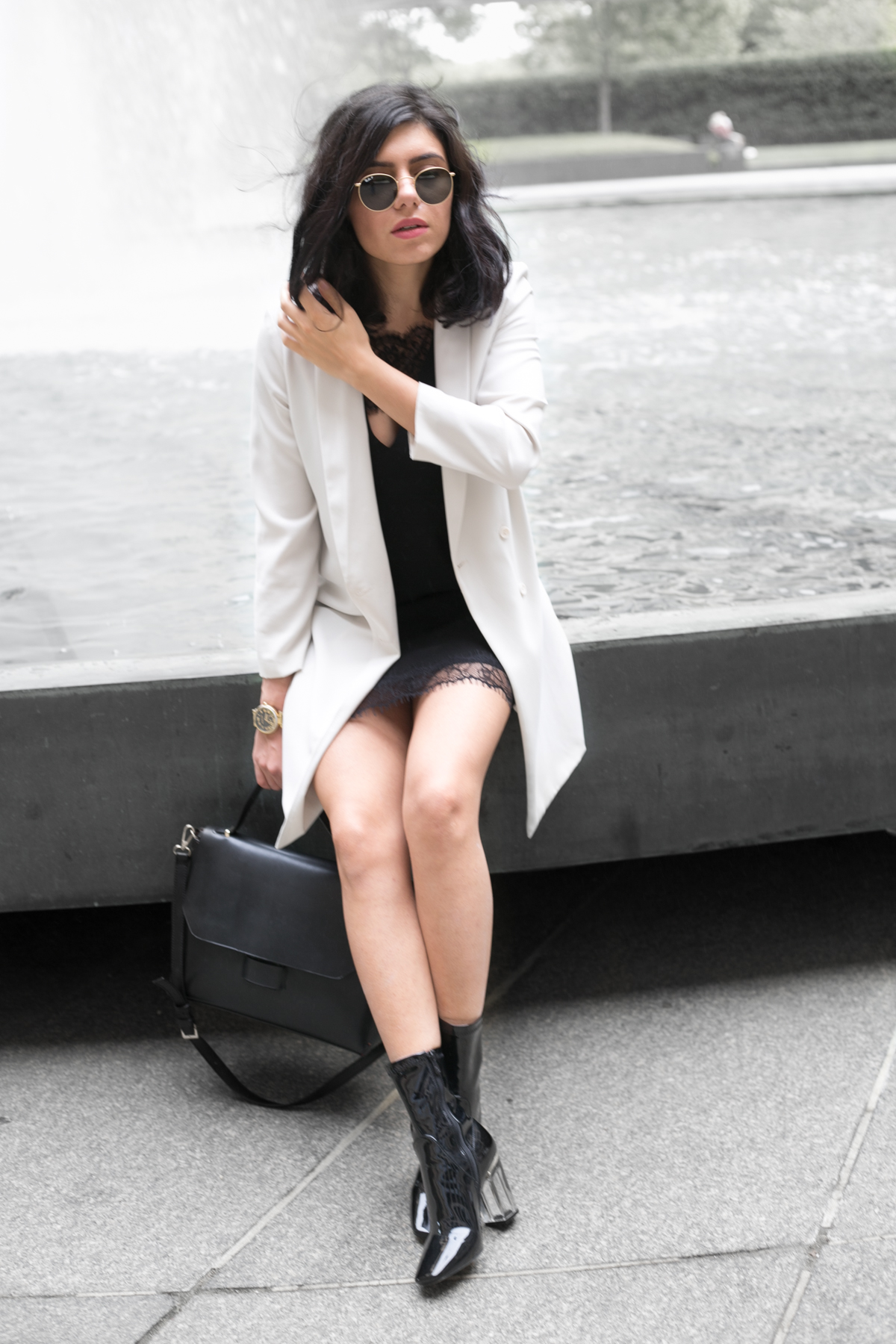 Long ivory blazer with black slip dress - outfit
