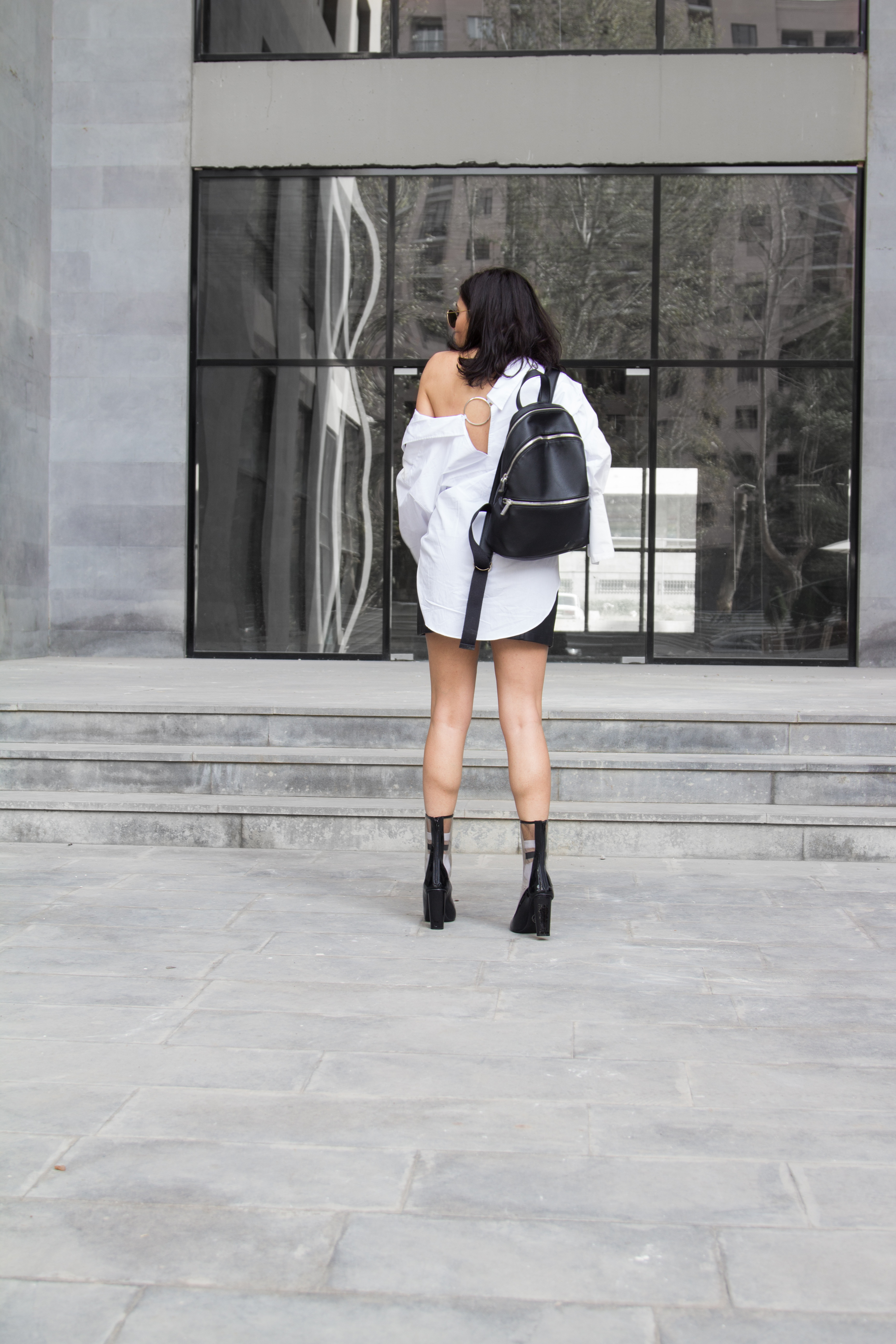 Black and white outfit, oversized shirt ,clear boots