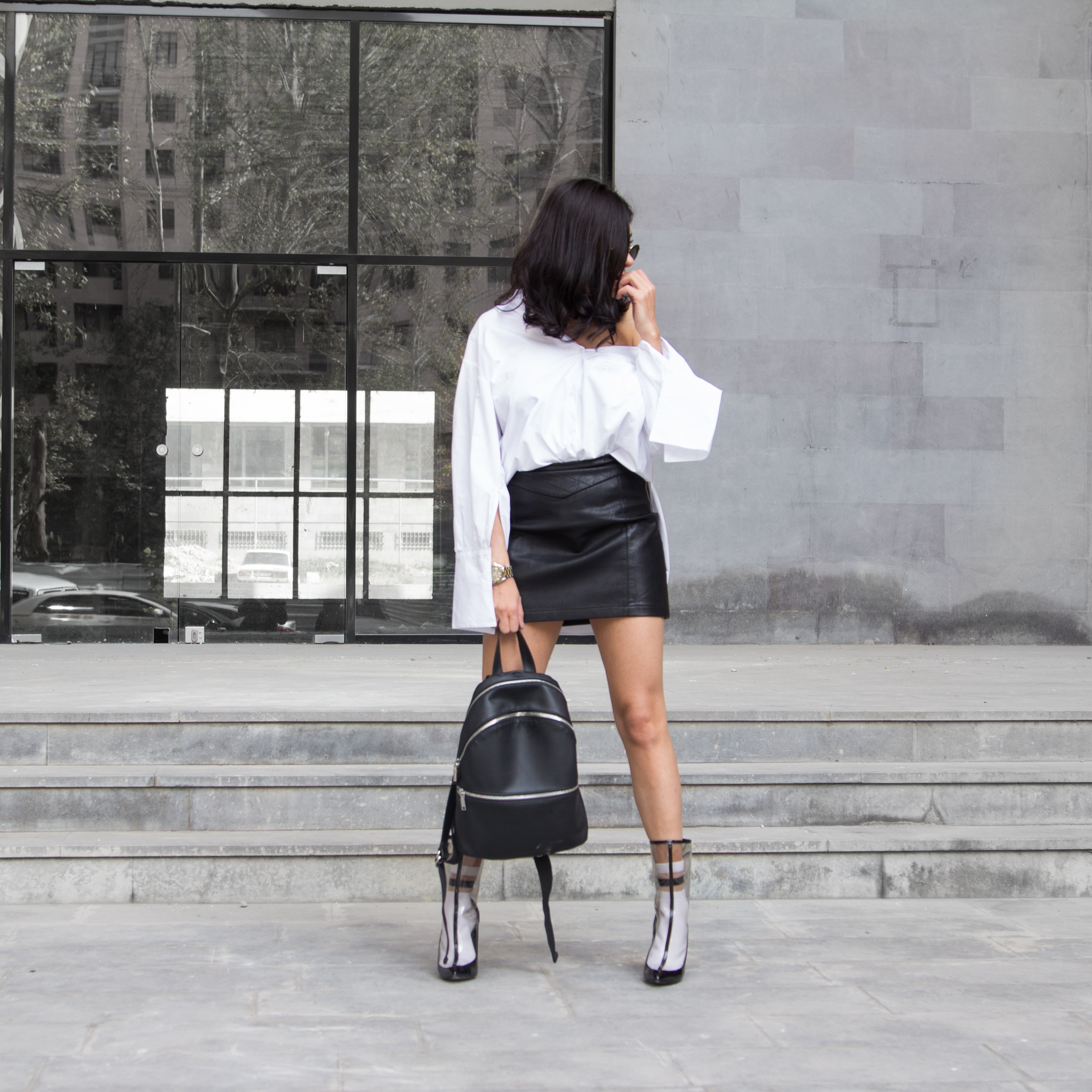 Black and white outfit, oversized shirt ,clear boots